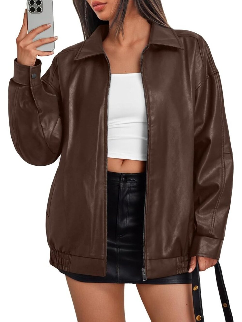 Women's Brown Oversized Leather Jacket Moto Bomber Styling Fall&Winter Coat